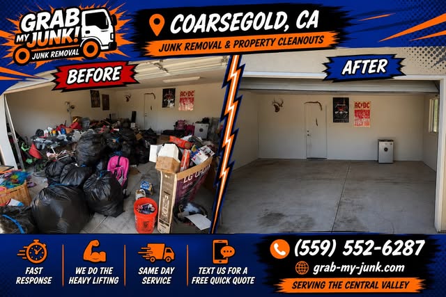Before and after garage cleanout completed by Grab My Junk in Coarsegold