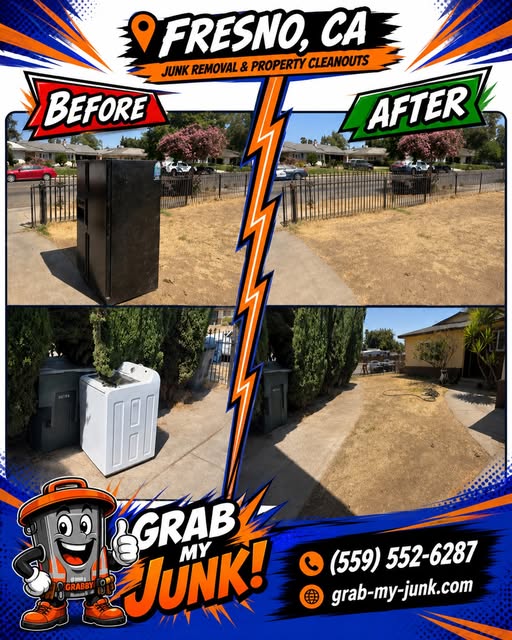 Before and after bulky-item pickup completed by Grab My Junk in Fresno