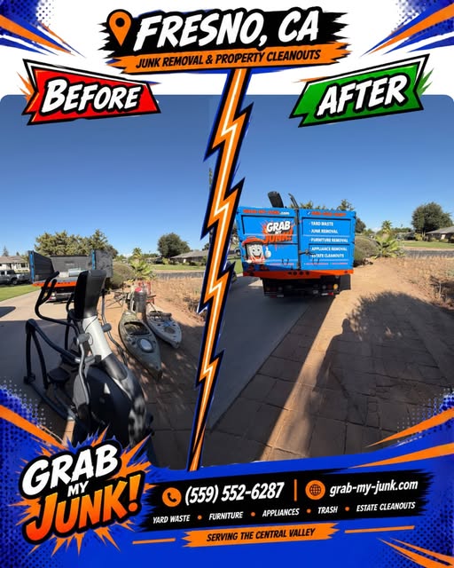 Before and after outdoor junk removal completed by Grab My Junk in Fresno