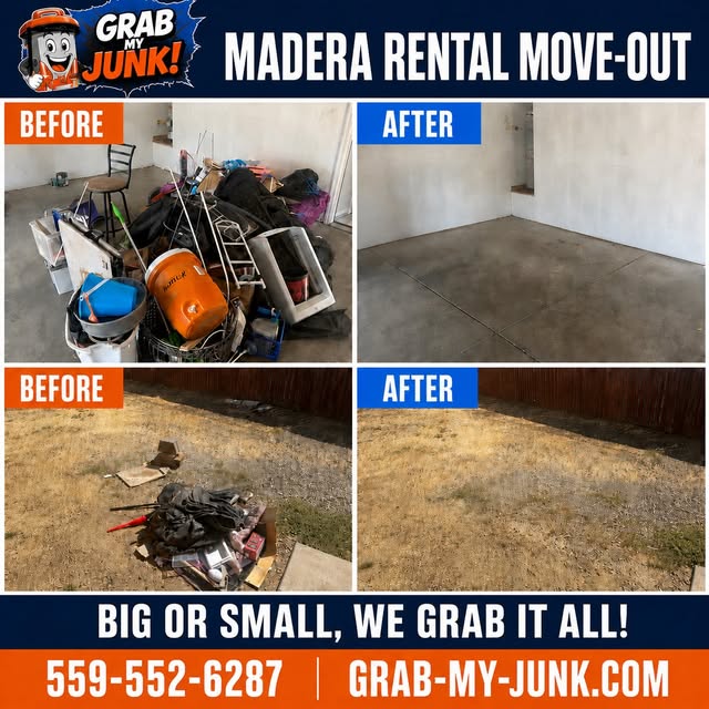 Before and after rental move-out cleanout completed by Grab My Junk in Madera