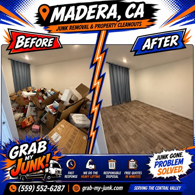 Before and after property cleanout completed by Grab My Junk in Madera